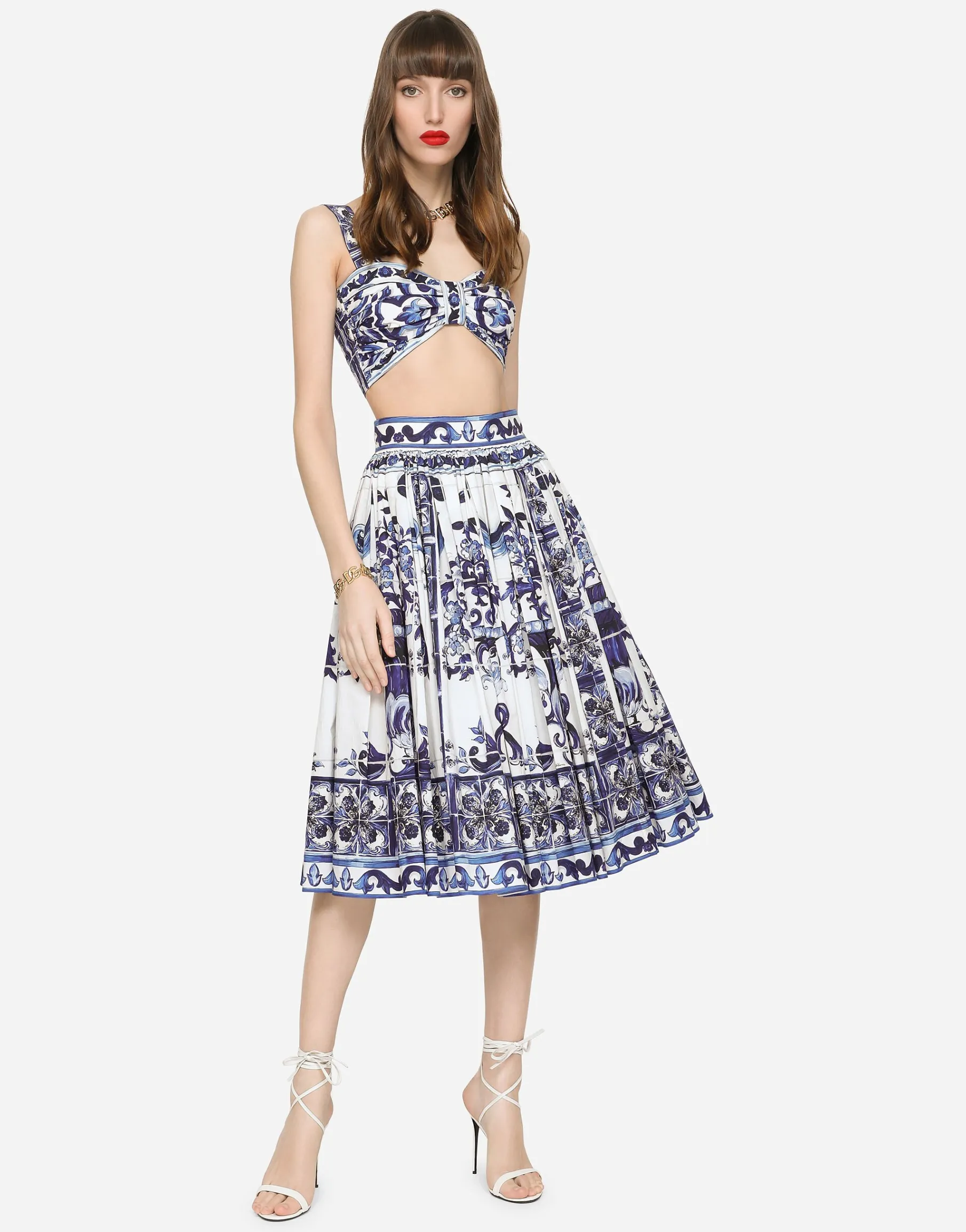 Poplin midi skirt with majolica print