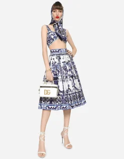 Poplin midi skirt with majolica print