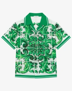 Poplin shirt with green majolica print