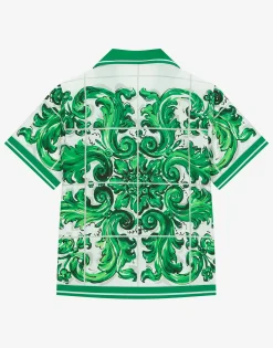 Poplin shirt with green majolica print
