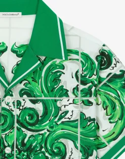 Poplin shirt with green majolica print