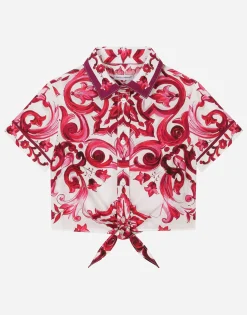 Poplin shirt with short sleeves and majolica print