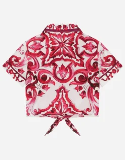 Poplin shirt with short sleeves and majolica print