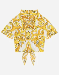Poplin shirt with yellow majolica print