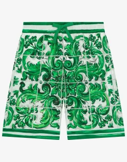 Poplin shorts with green majolica print