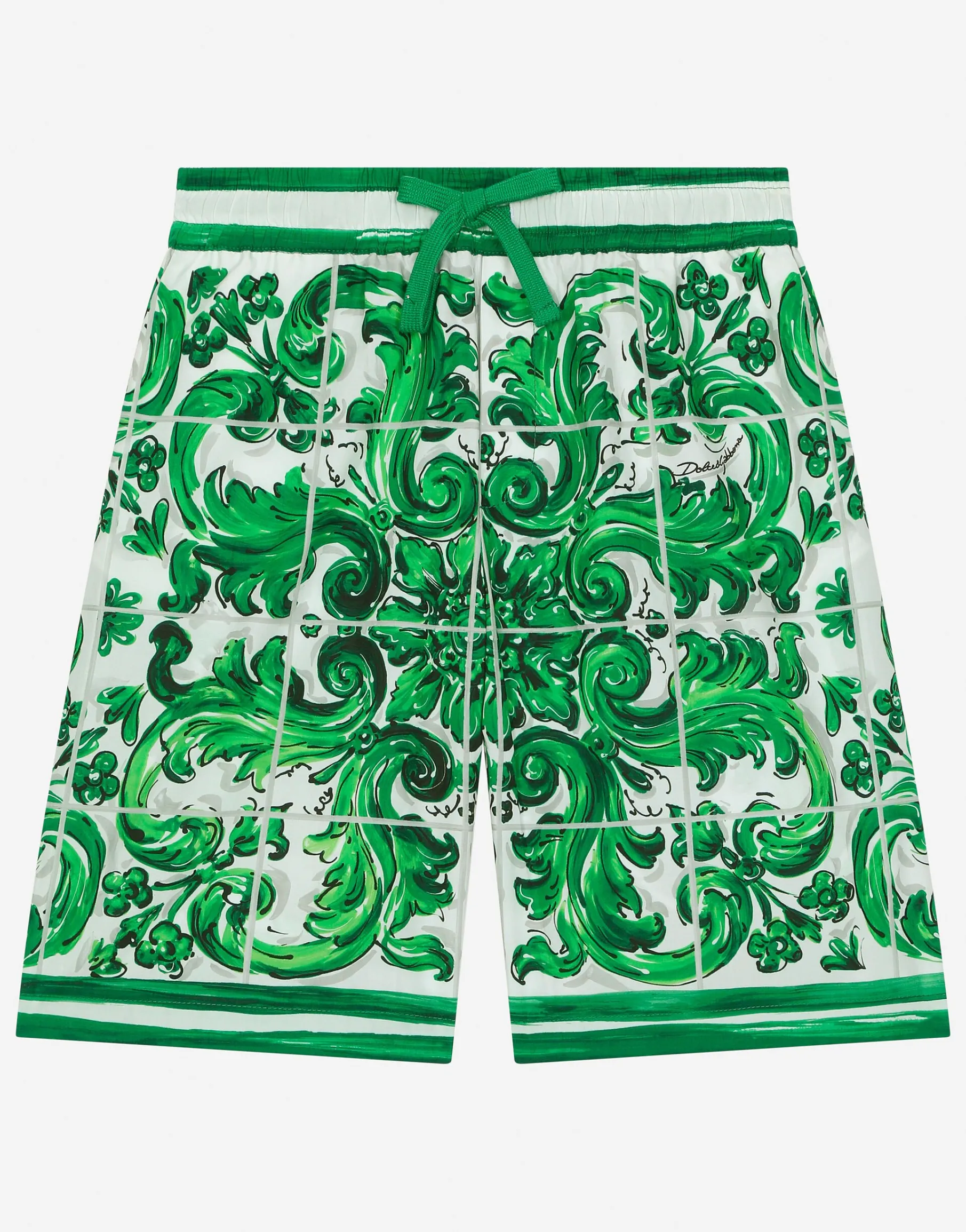 Poplin shorts with green majolica print