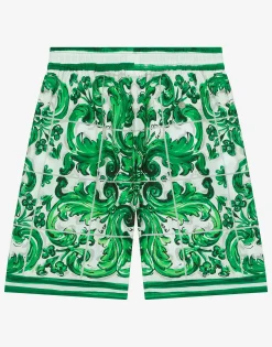 Poplin shorts with green majolica print