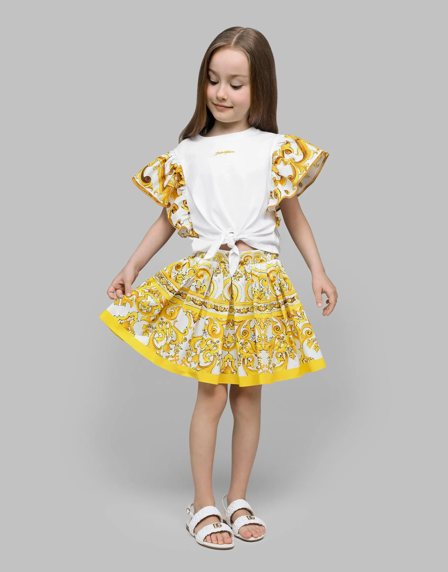 Poplin skirt with yellow majolica print