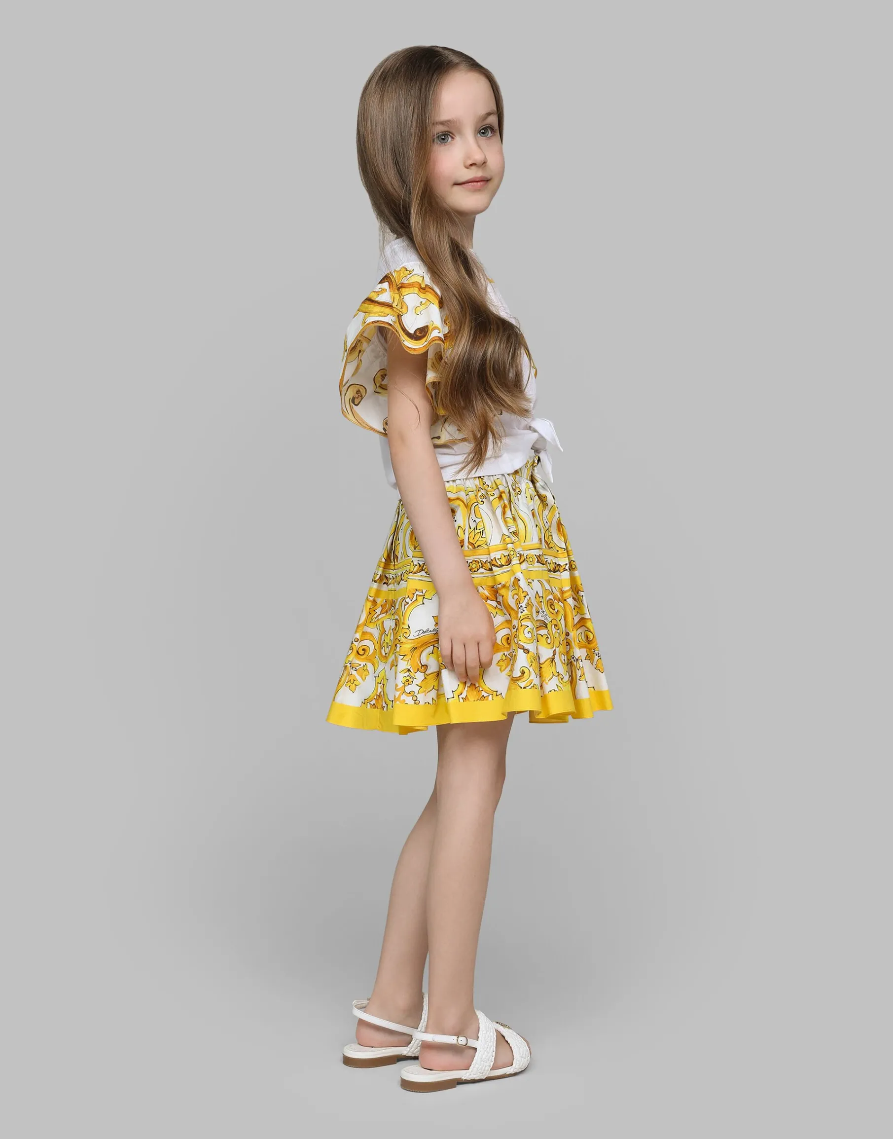 Poplin skirt with yellow majolica print