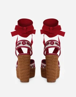 Printed brocade fabric wedge sandals