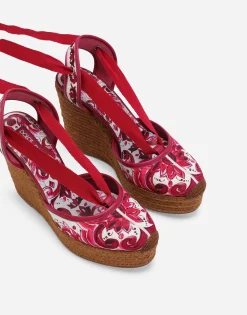Printed brocade fabric wedge sandals