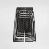 Printed silk and denim shorts