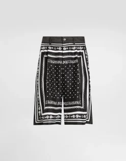 Printed silk and denim shorts