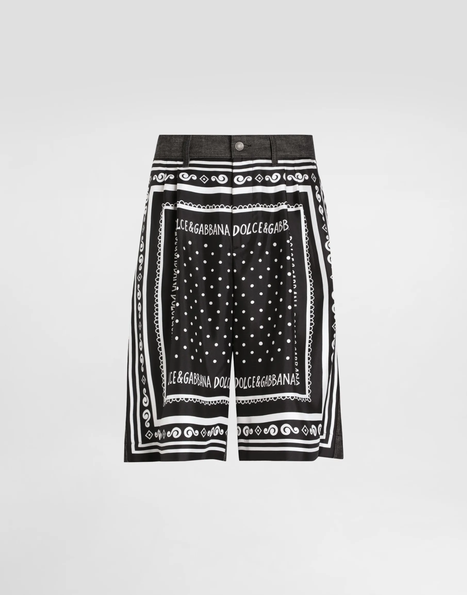 Printed silk and denim shorts