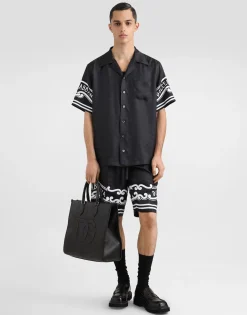 Printed silk and denim shirt