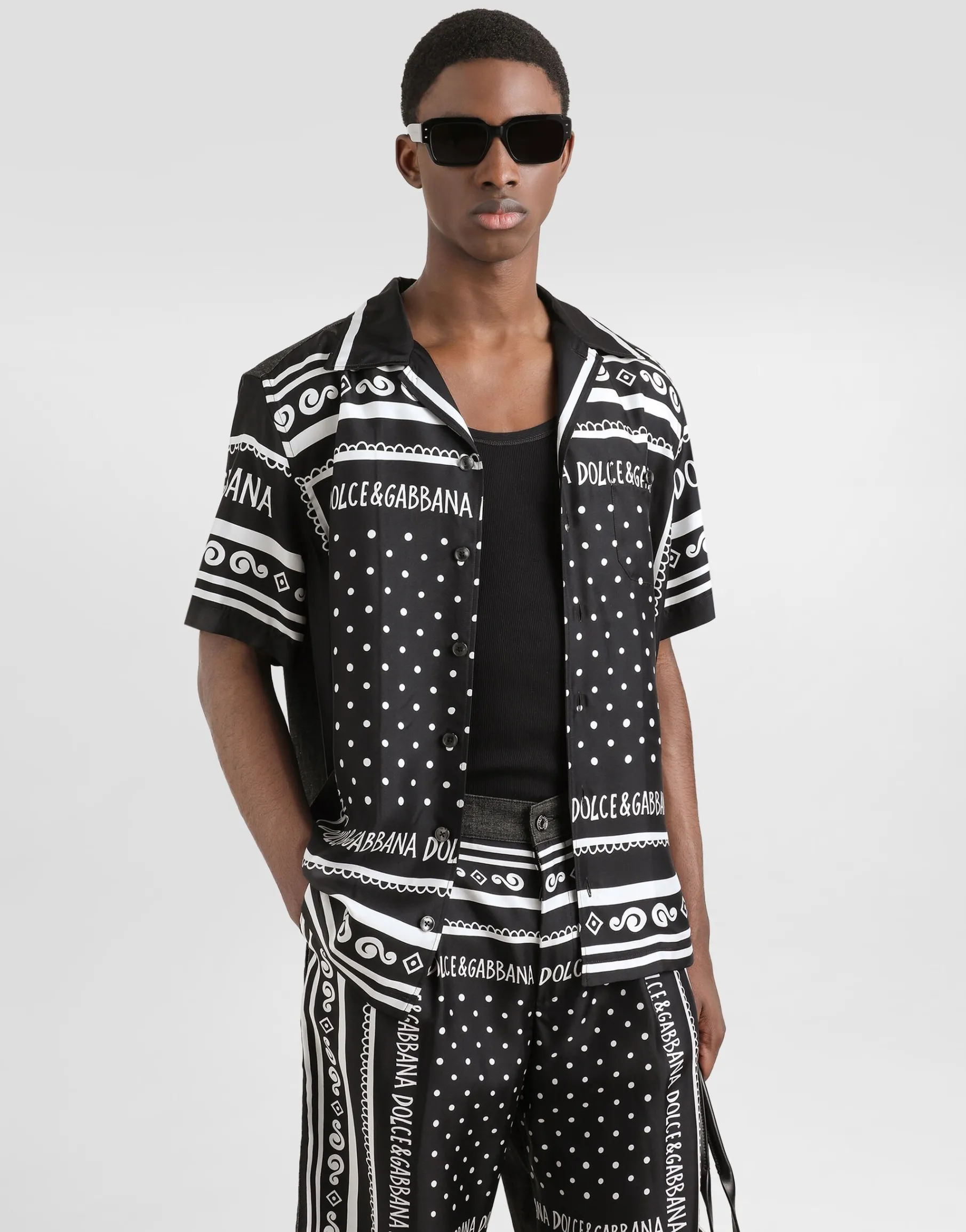 Printed silk and denim shirt