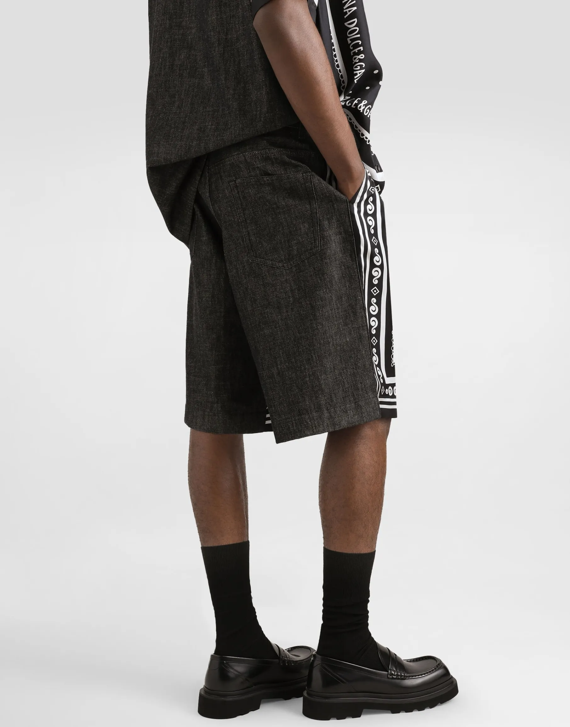 Printed silk and denim shorts