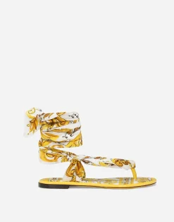 Printed silk twill thong sandals