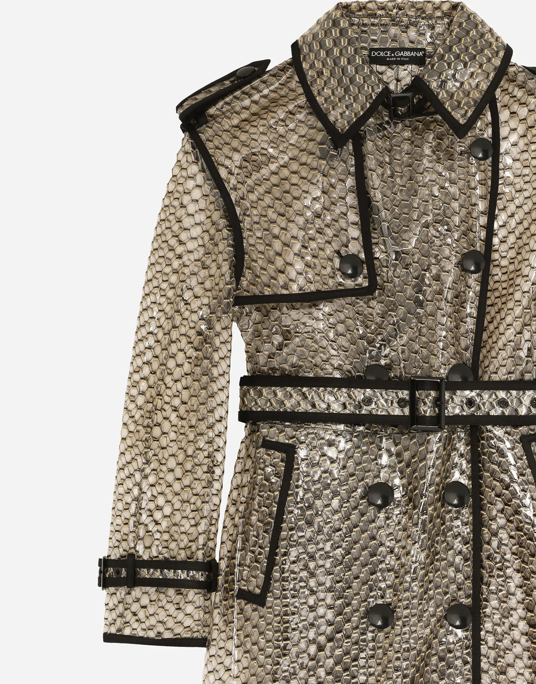 PVC-bonded lurex mesh trench coat