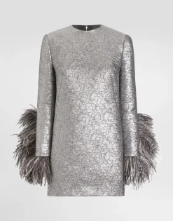 Quilted lamé jacquard sack minidress with feathered cuffs