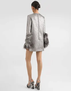 Quilted lamé jacquard sack minidress with feathered cuffs