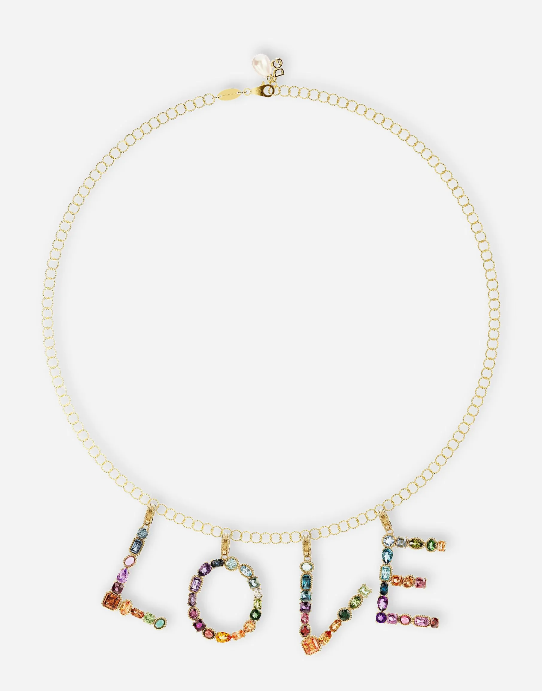 Rainbow alphabet 18 kt yellow gold twisted wire chain necklace