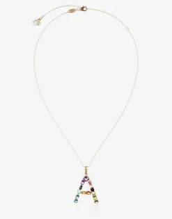 Rainbow alphabet A pendant in yellow gold with multicolor fine gems