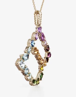 Rainbow alphabet B pendant in yellow gold with multicolor fine gems