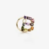 Rainbow alphabet B ring in yellow gold with multicolor fine gems