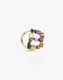 Rainbow alphabet B ring in yellow gold with multicolor fine gems