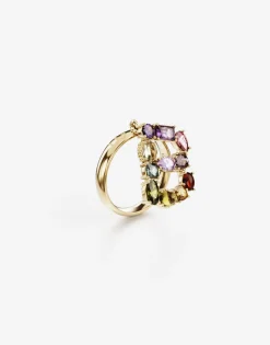 Rainbow alphabet B ring in yellow gold with multicolor fine gems