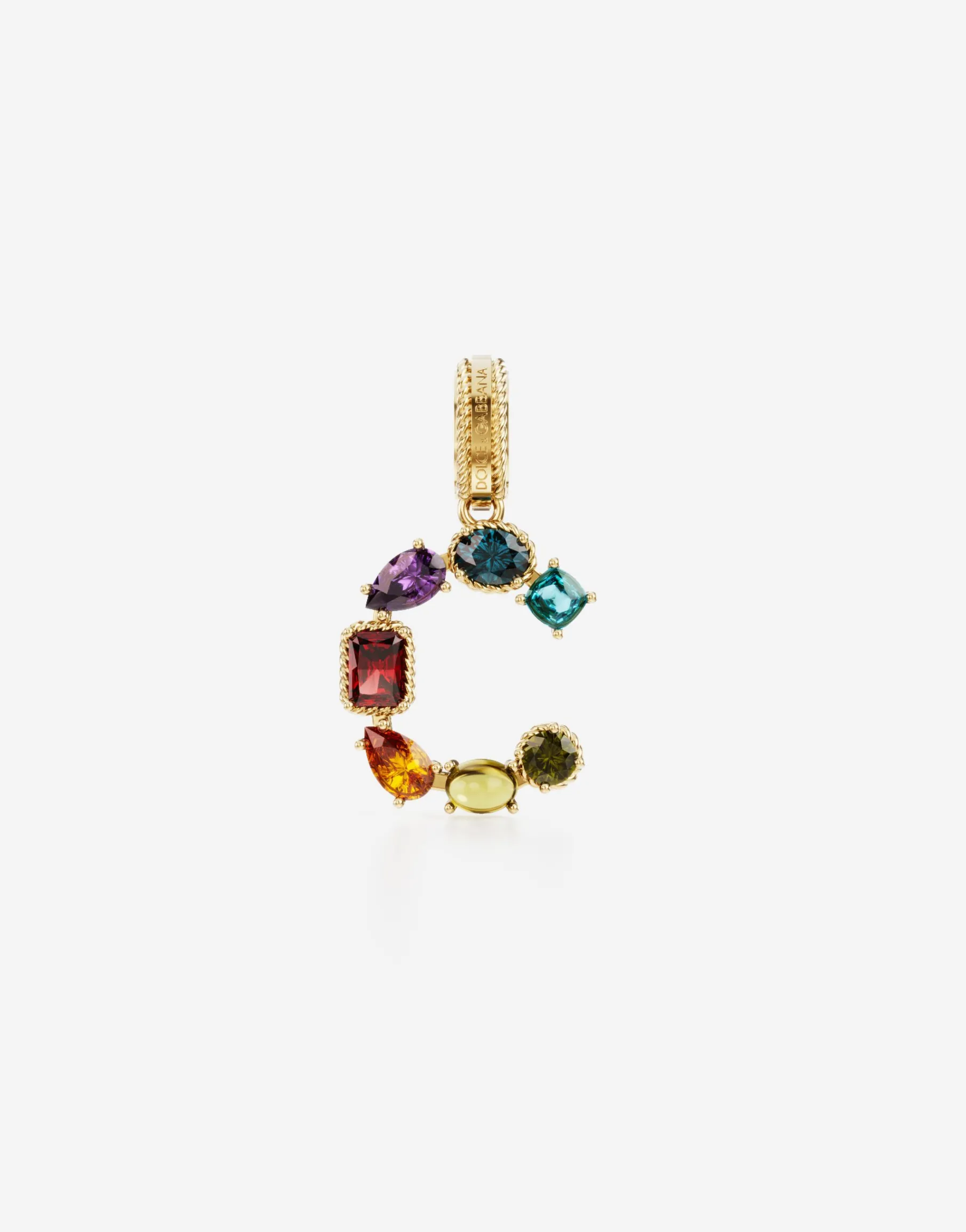 Rainbow alphabet C 18 kt yellow gold charm with multicolor fine gems