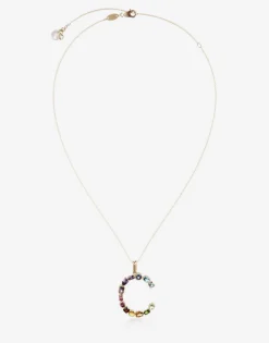 Rainbow alphabet C pendant in yellow gold with multicolor fine gems