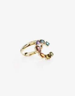 Rainbow alphabet C ring in yellow gold with multicolor fine gems