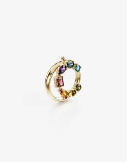 Rainbow alphabet C ring in yellow gold with multicolor fine gems