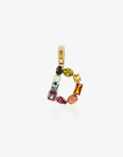 Rainbow alphabet D 18 kt yellow gold charm with multicolor fine gems