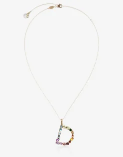 Rainbow alphabet D pendant in yellow gold with multicolor fine gems