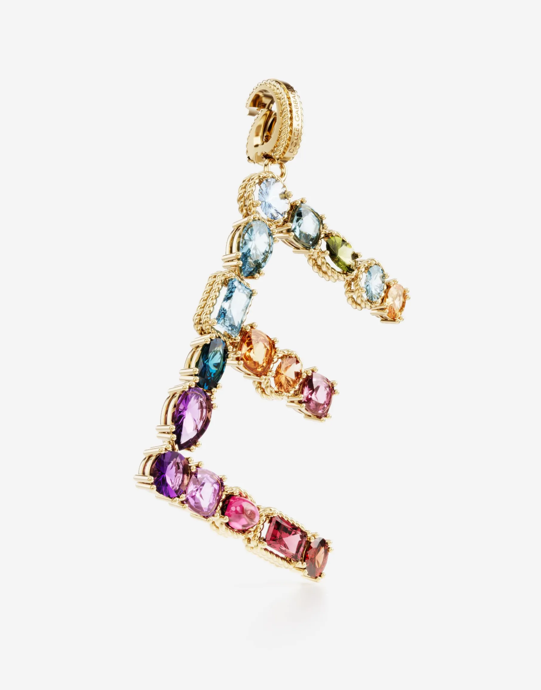 Rainbow alphabet E 18 kt yellow gold charm with multicolor fine gems