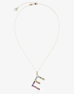 Rainbow alphabet E pendant in yellow gold with multicolor fine gems