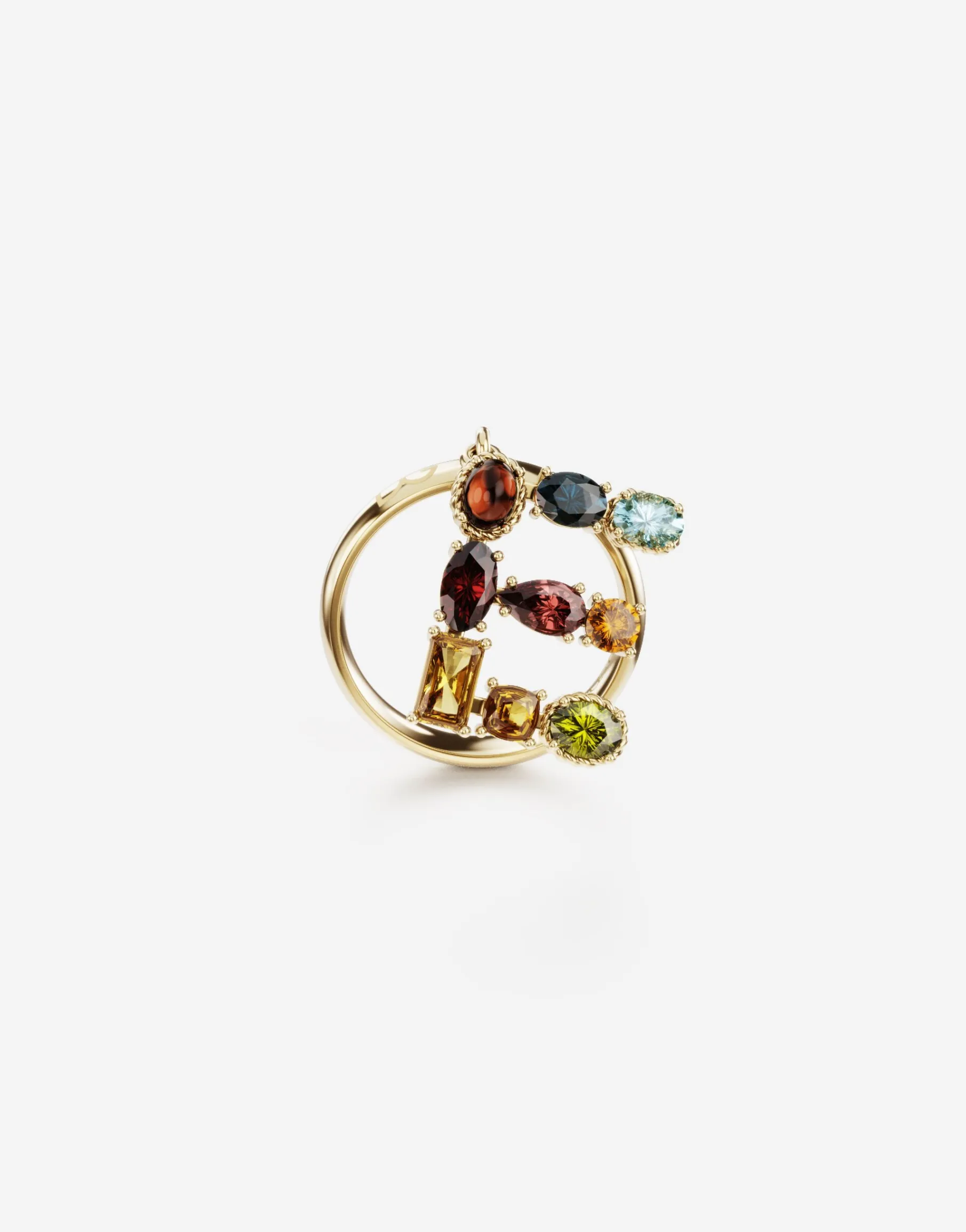 Rainbow alphabet E ring in yellow gold with multicolor fine gems