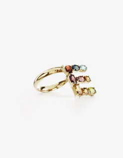Rainbow alphabet E ring in yellow gold with multicolor fine gems