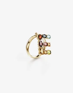 Rainbow alphabet E ring in yellow gold with multicolor fine gems