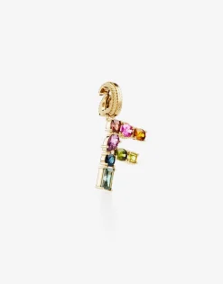 Rainbow alphabet F 18 kt yellow gold charm with multicolor fine gems