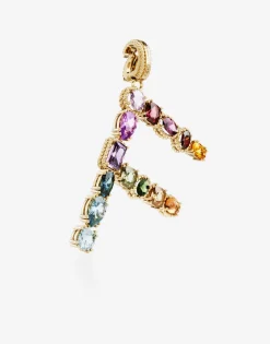 Rainbow alphabet F 18 kt yellow gold charm with multicolor fine gems