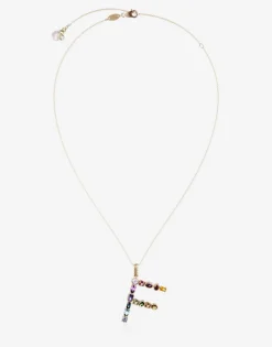Rainbow alphabet F pendant in yellow gold with multicolor fine gems