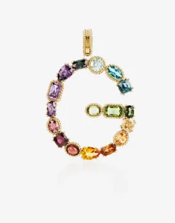 Rainbow alphabet G 18 kt yellow gold charm with multicolor fine gems