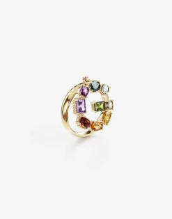 Rainbow alphabet G ring in yellow gold with multicolor fine gems
