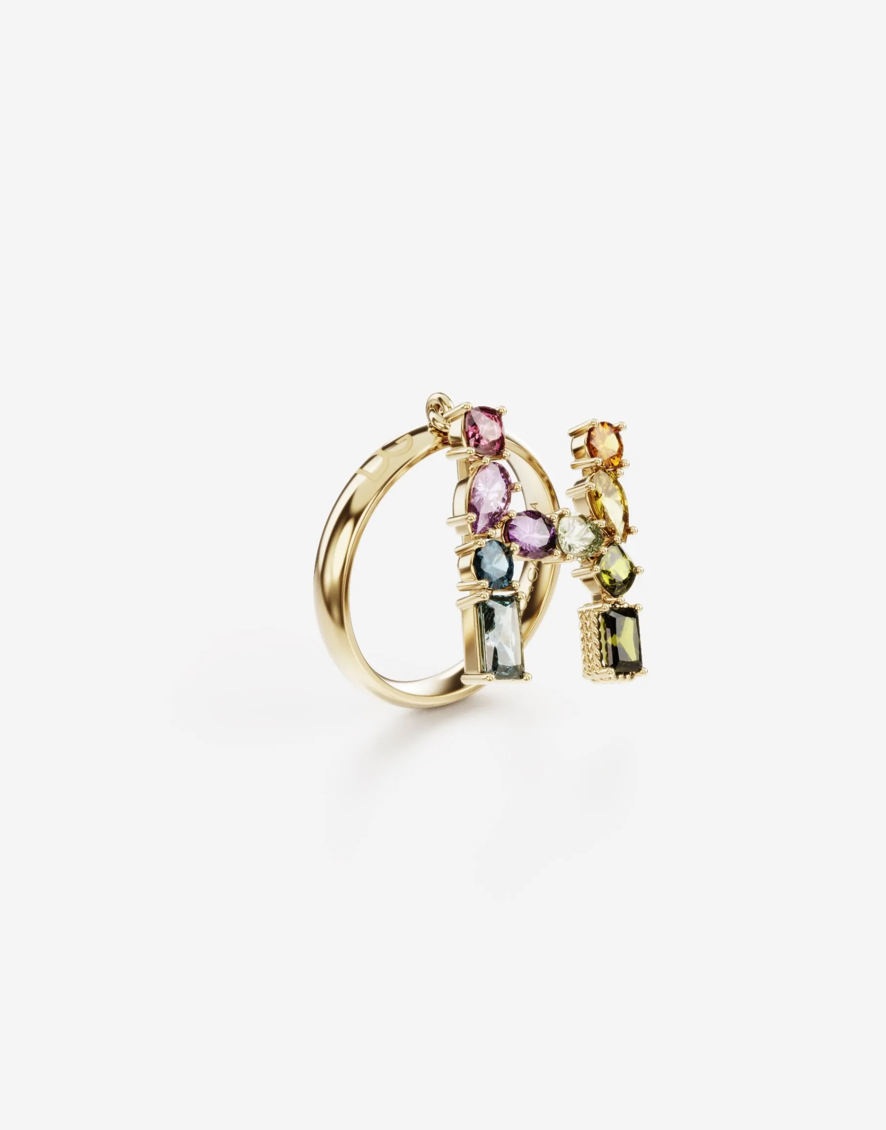 Rainbow alphabet H ring in yellow gold with multicolor fine gems