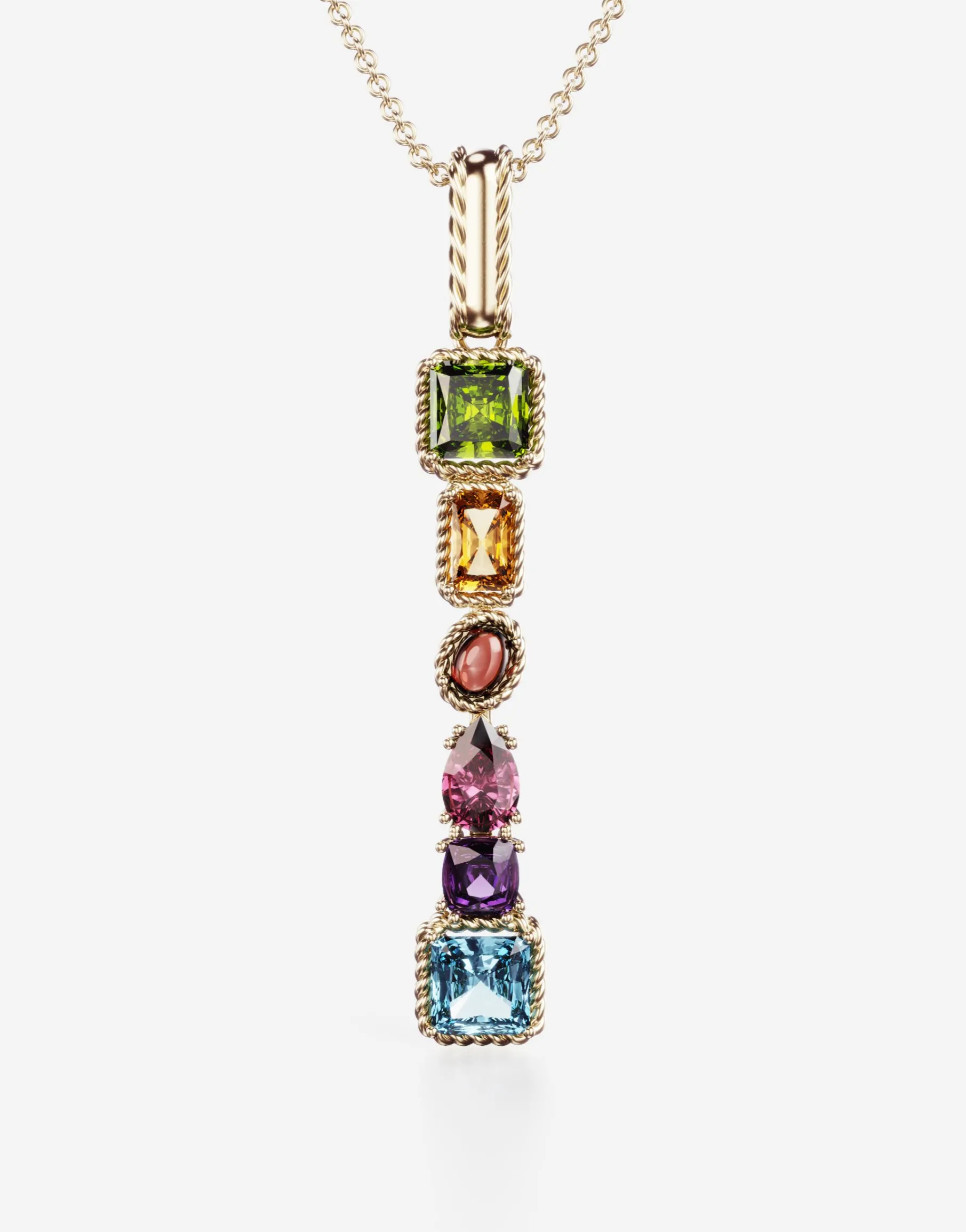 Rainbow alphabet I pendant in yellow gold with multicolor fine gems