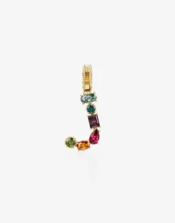 Rainbow alphabet J 18 kt yellow gold charm with multicolor fine gems